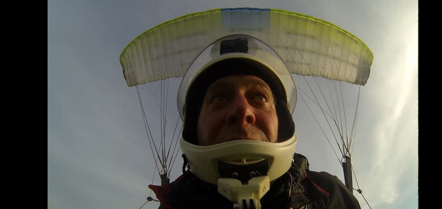 Brian Germain under a bright canopy, looking up into it